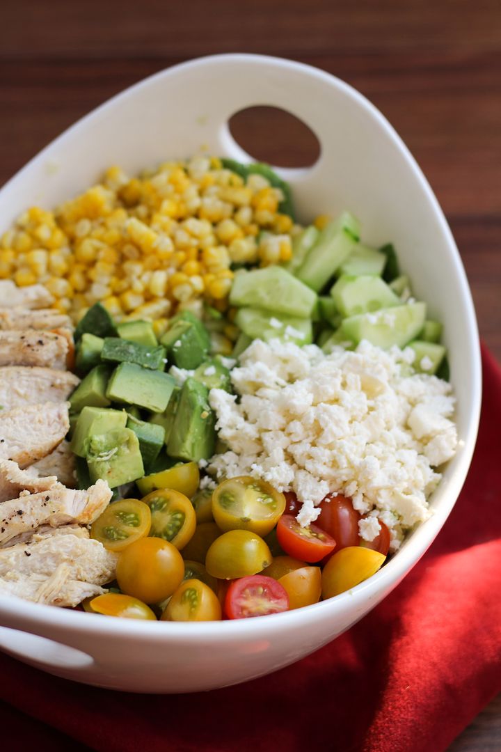 Summer Salad with Chicken, Corn, Tomato, Avocado, Cucumber, & Feta