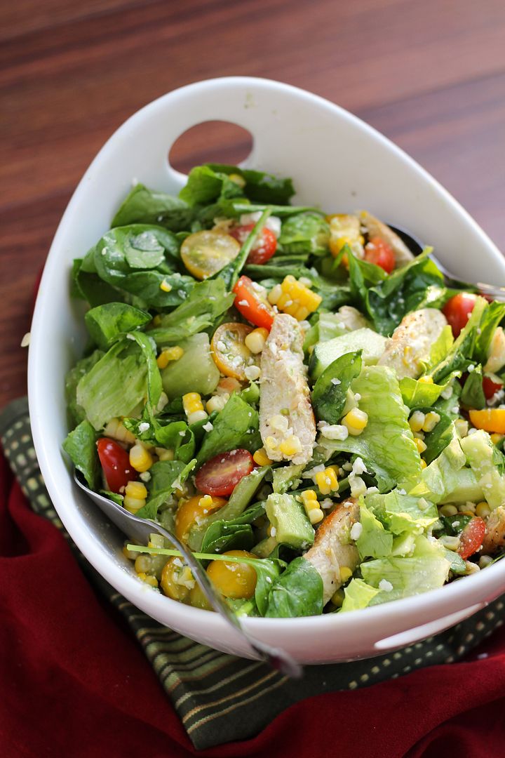 Summer Salad with Chicken, Corn, Tomato, Avocado, Cucumber, & Feta