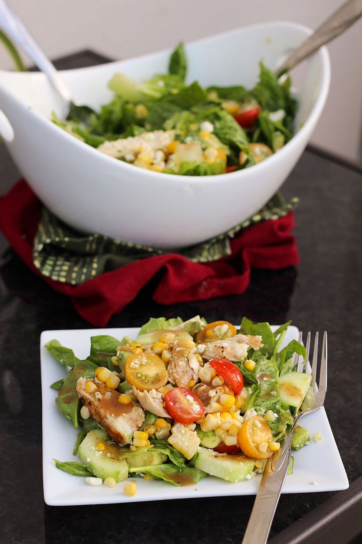 Summer Salad with Chicken, Corn, Tomato, Avocado, Cucumber, & Feta