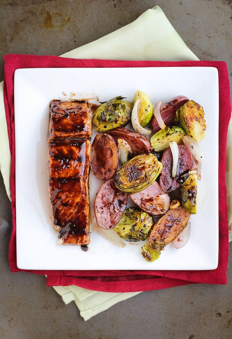 Maple Balsamic Roasted Salmon, Brussels Sprouts, and Potatoes