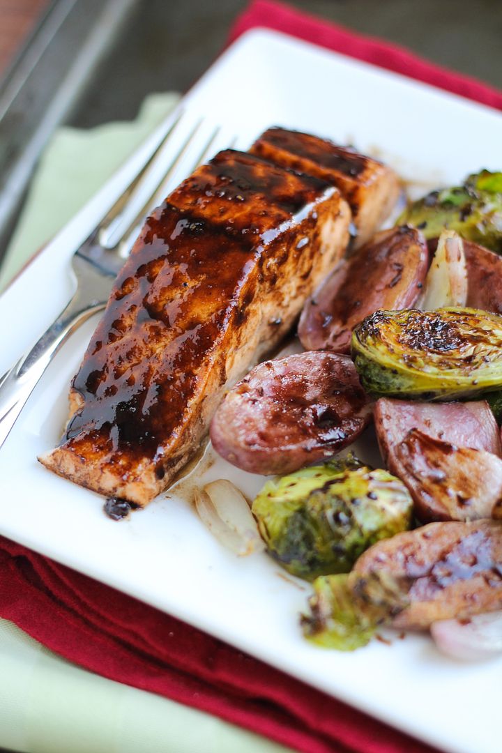 Maple Balsamic Roasted Salmon, Brussels Sprouts, and Potatoes