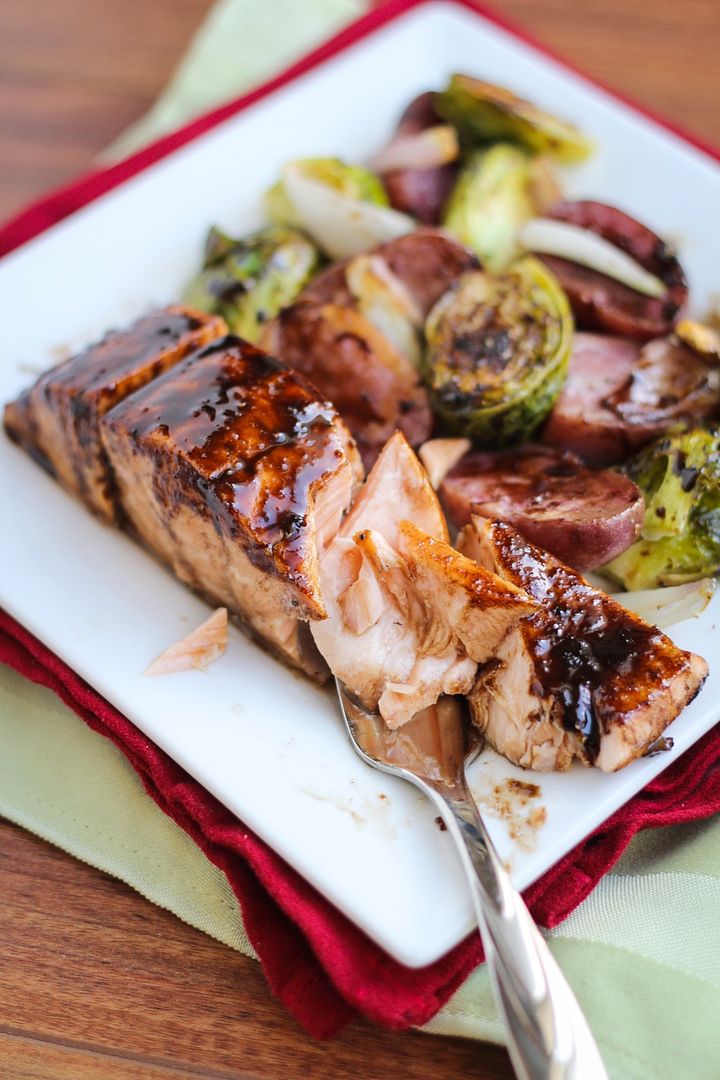 Maple Balsamic Roasted Salmon, Brussels Sprouts, and Potatoes