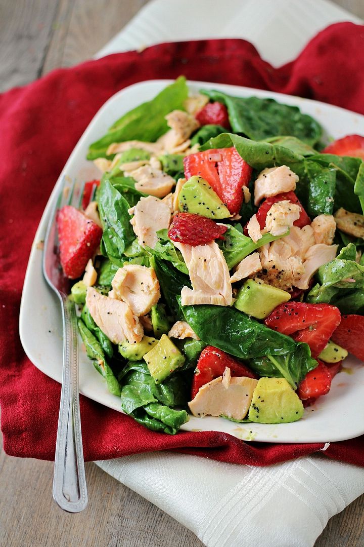 Salmon Spinach Salad with Strawberries and Avocado