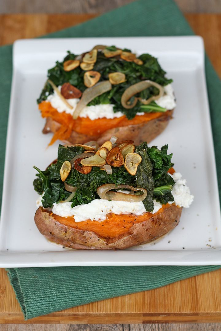 Baked Sweet Potatoes Topped with Ricotta, Goat Cheese, Kale, and Garlic Chips