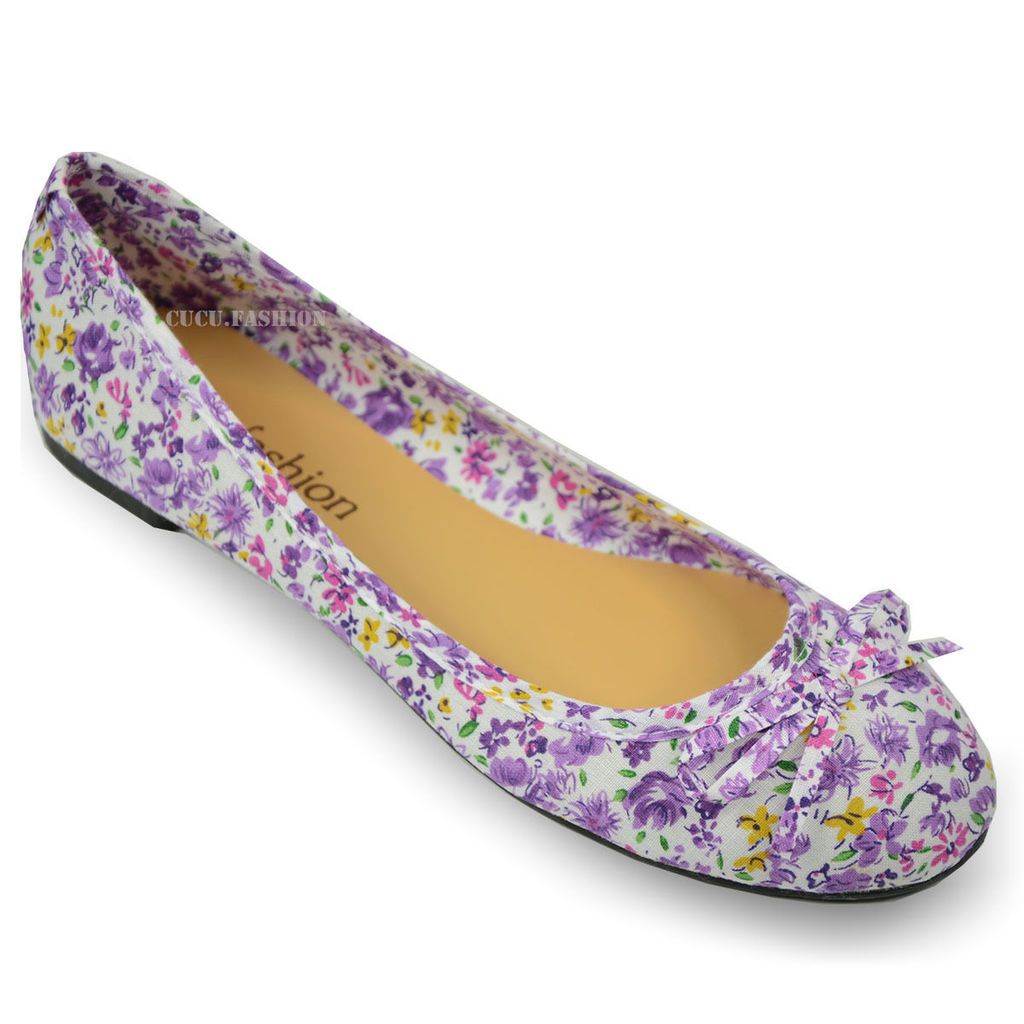 New Ladies Flat Ballerina Pumps Womens Ballet Dolly Flower Canvas Bow